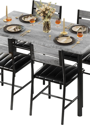 4-Person Wooden Dining Table Set with Upholstered Chairs for Compact Spaces in Grey Finish