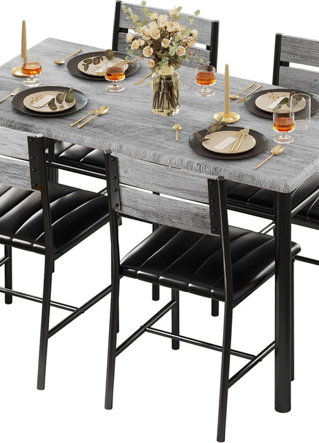4-Person Wooden Dining Table Set with Upholstered Chairs for Compact Spaces in Grey Finish