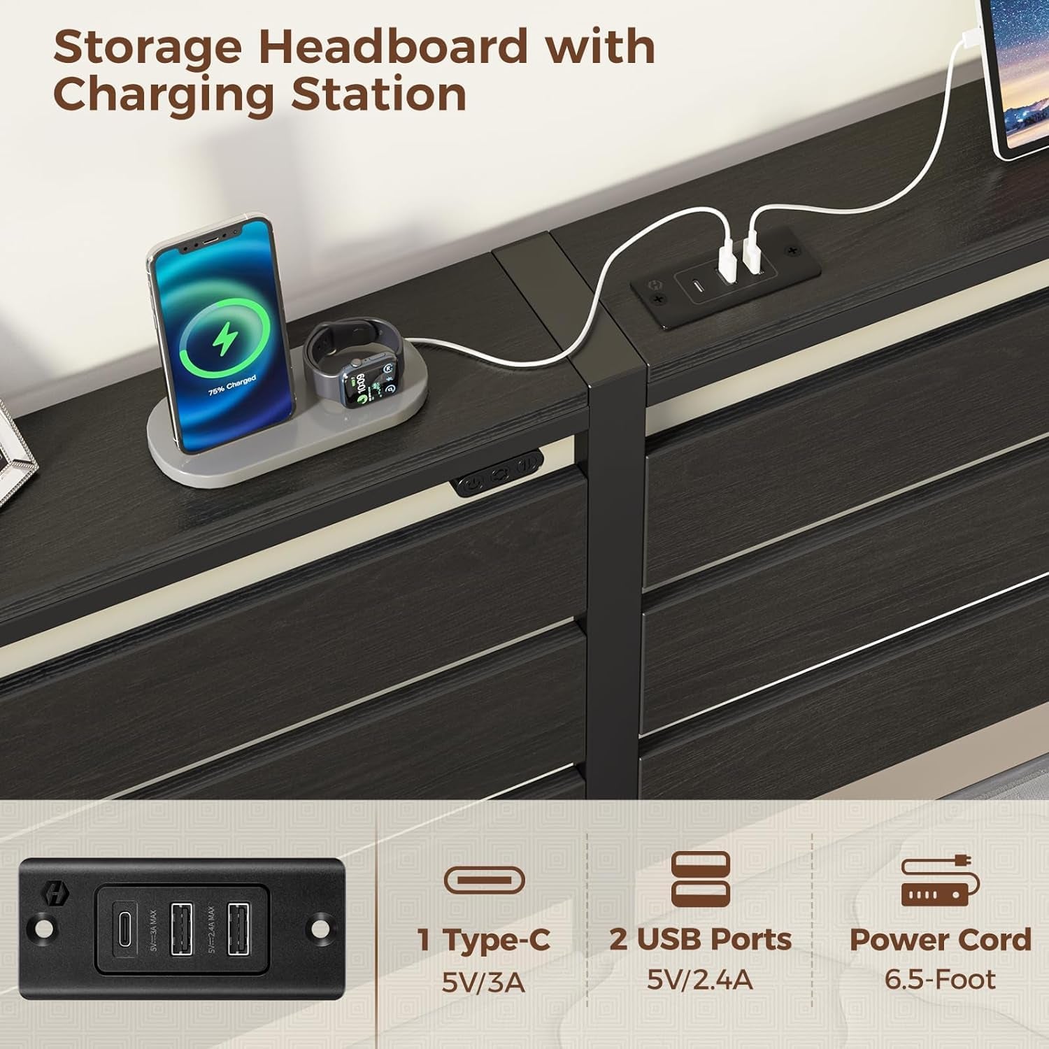 Bed Frame Twin Size with USB Charging Station, LED Bed Frame with Wood Storage Headboard, Black Metal Platform Bed with under Bed Storage, No Box Spring Needed, Noise Free