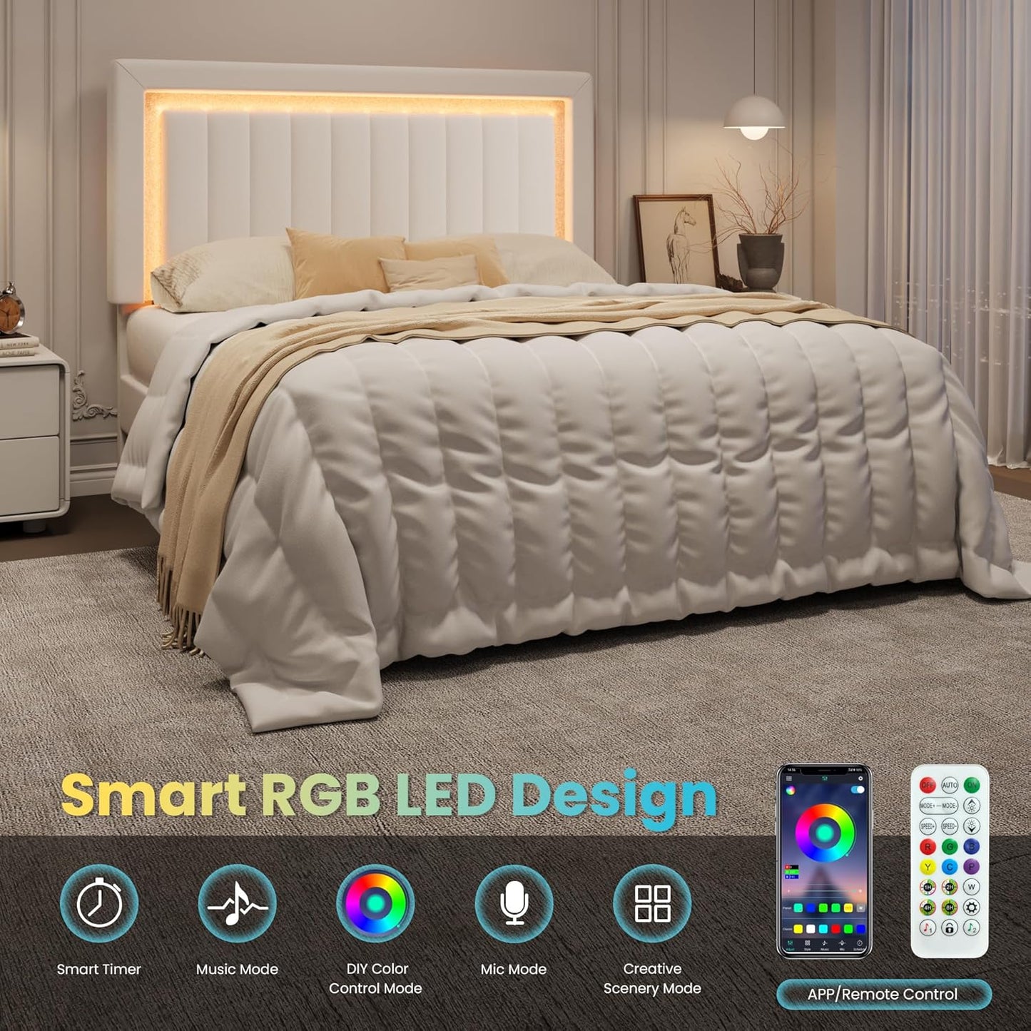 Queen Size Velvet Bed Frame with LED Light, Adjustable Vertical Channel Tufted Headboard, Strong Wooden Slats Support, Noise-Free, No Box Spring Needed, White