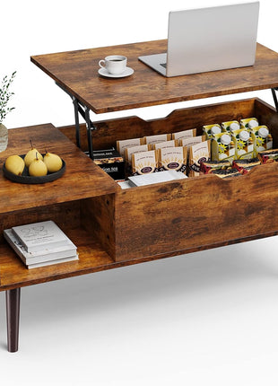 Lift-Top Coffee Table for Living Room - Compact Wooden Center Table with Storage Shelf and Concealed Compartment in Brown