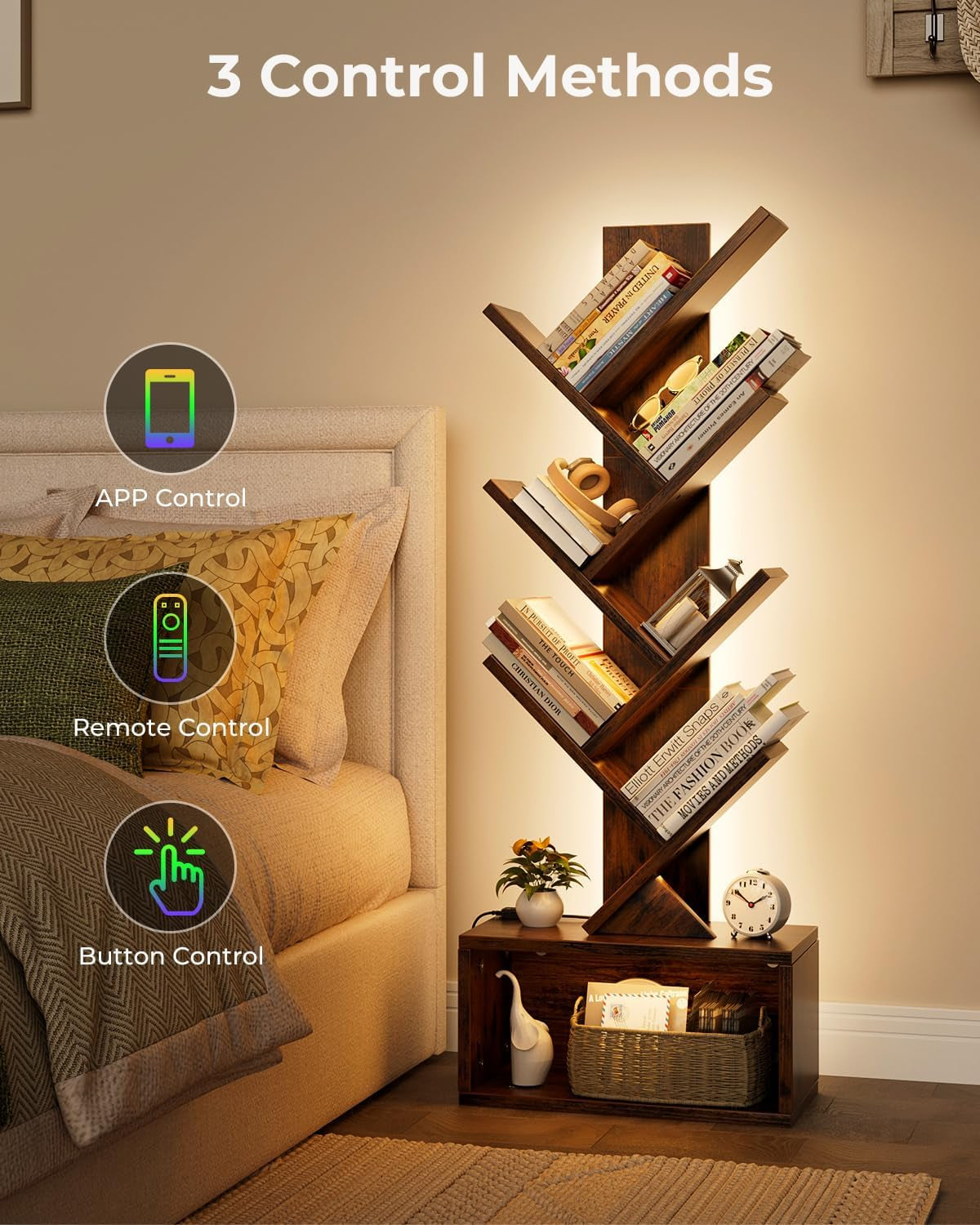 6 Tier Tree Bookshelf with Lights, LED Book Tree Bookcase with Storage Organizer, Small Corner Bookshelf Floor Standing Book Shelf for Living Room, Bedroom & Home Office, Rustic Brown