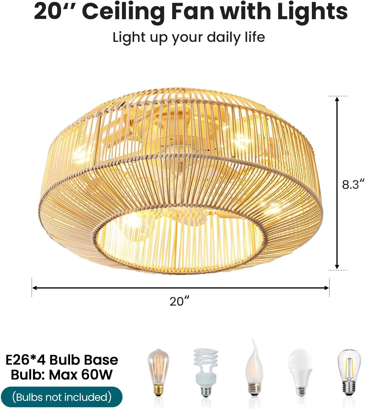 20" Boho Rattan Ceiling Fan with Lights, Flush Mount Caged Ceiling Fan with Remote, 6 Speed, Timing, Reversible Blades Enclosed Farmhouse Fan Lights for Bedroom, Kitchen