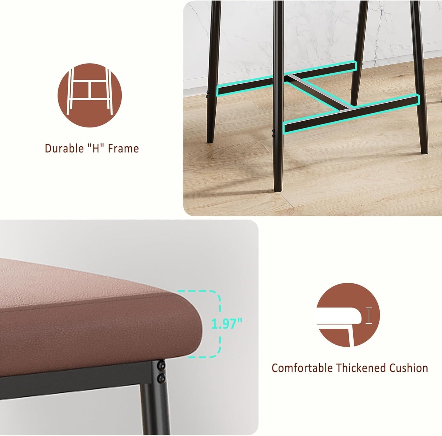 Bar Stools Set of 4 with Armrests, Counter Height Bar Stools Set with Footrest & Soft Back, Metal Barstools Set with Wide Upholstered Seat for Kitchen Islands, Counter Bars, Rustic Brown