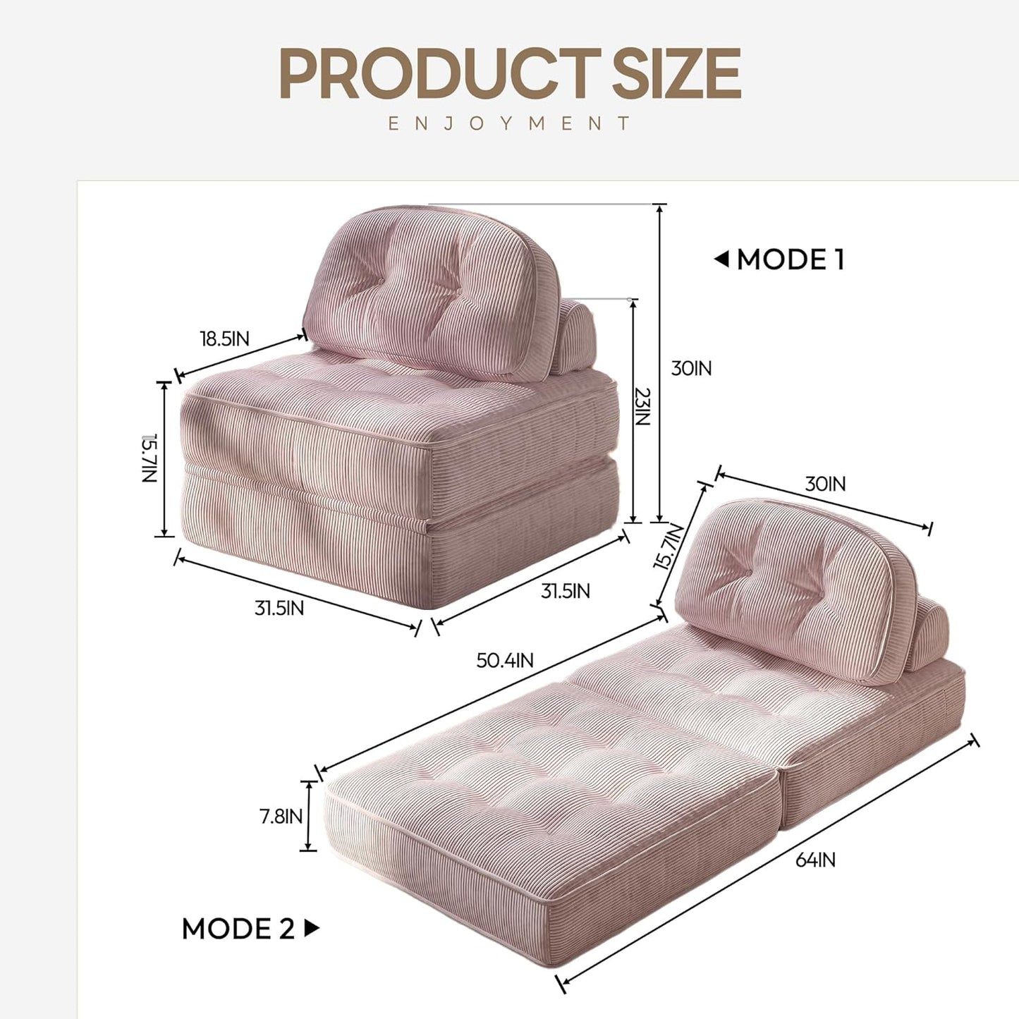 Folding Sofa Bed with Pillow, Convertible Comfy Couch Bed for Adults Home Lounge and Gaming, Modern Comfortable Design for Apartment Living Room Bedroom, Single, Ribbed Velvet, Mauve