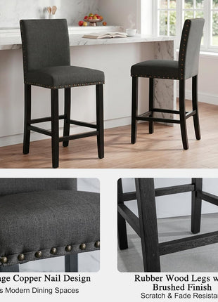 Set of 4 Charcoal Upholstered Counter Height Bar Stools with Nailhead Trim, 24-Inch Solid Wood Legs for Kitchen Island, Dining, and Bedroom