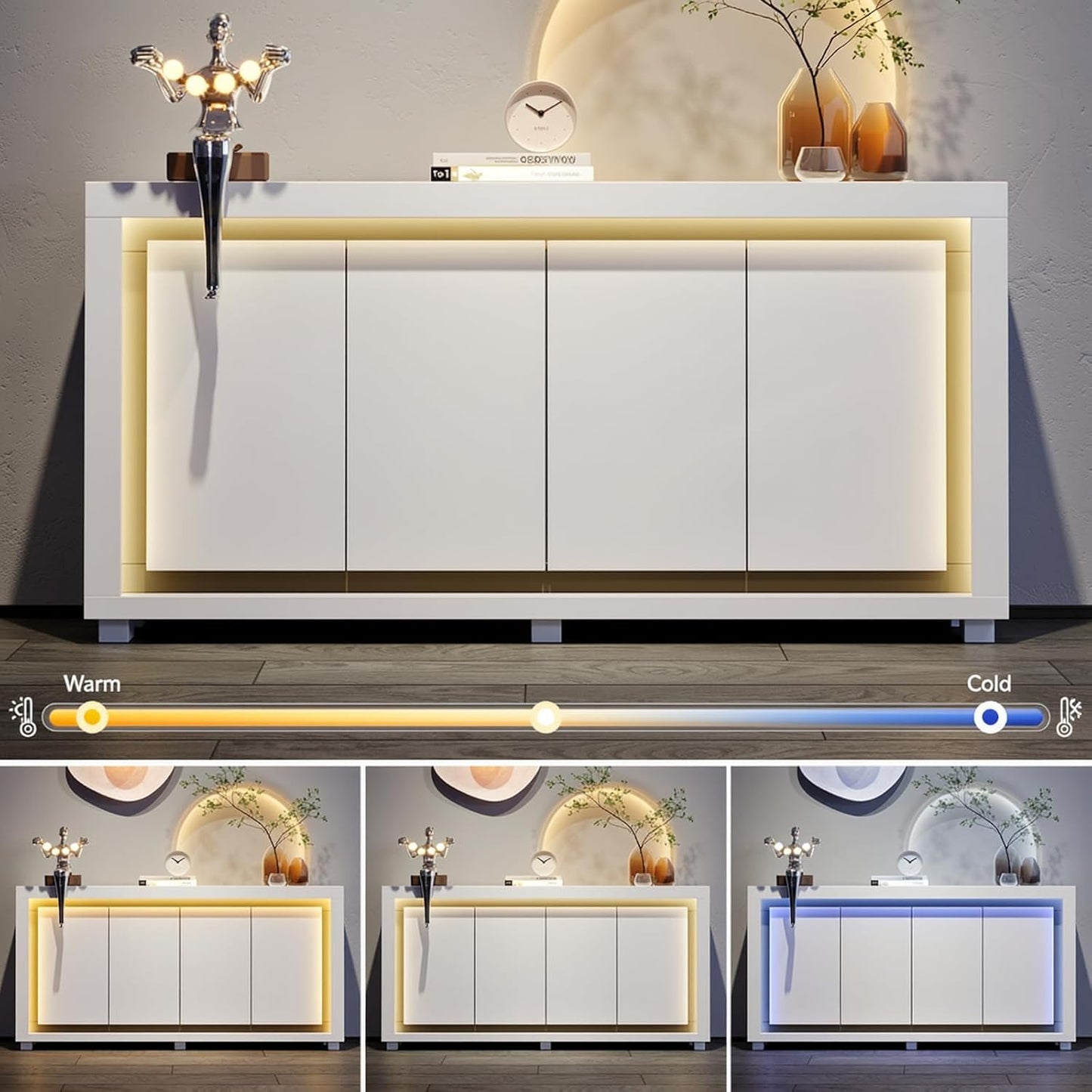 63"Sideboard Buffet Cabinet,Kitchen Buffet Storage Cabinet with Power Outlets & LED Light, Modern Storage Cabinet with 4 Doors,Coffee Bar Console Wine Bar for Living Room,Kitchen,Hallway (White)