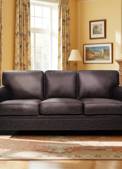 Mid-Century Modern 3-Seater Sofa with Rivet Design, Upholstered Cushions, Removable Cover, and Solid Wood Frame (Brown)