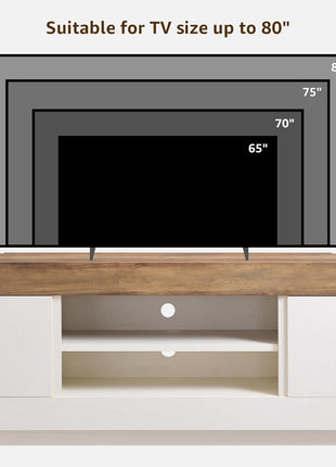 Contemporary 70-Inch TV Stand and Entertainment Center for TVs up to 80 Inches, Media Console with Generous Open Storage and Side Cabinets, Durable Wood Construction in Antique White Finish for Living Room