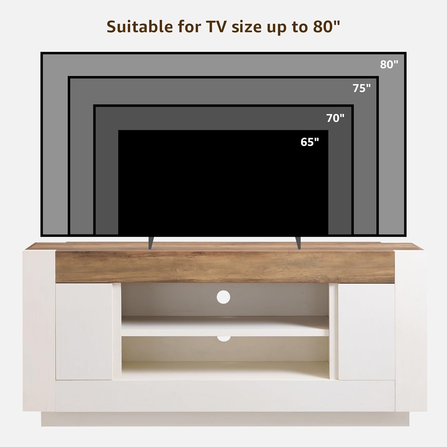 Modern 70" TV Stand, Entertainment Center for Tvs up to 80", Media Console with Large Open Storage & Side Cabinets, Thick Wood Design for Living Room, Antique White