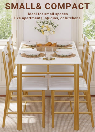 4-Person Wooden Dining Table Set with Upholstered Chairs, Space-Saving Design for Compact Dining Areas, White and Gold Finish