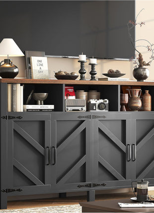 55-Inch Farmhouse Buffet Sideboard with Storage, 4-Door Wood Kitchen Cabinet and Coffee Bar Table with Shelves for Dining Room and Entryway (Black)