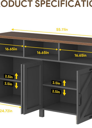 55-Inch Farmhouse Buffet Sideboard with Storage, 4-Door Wood Kitchen Cabinet and Coffee Bar Table with Shelves for Dining Room and Entryway (Black)