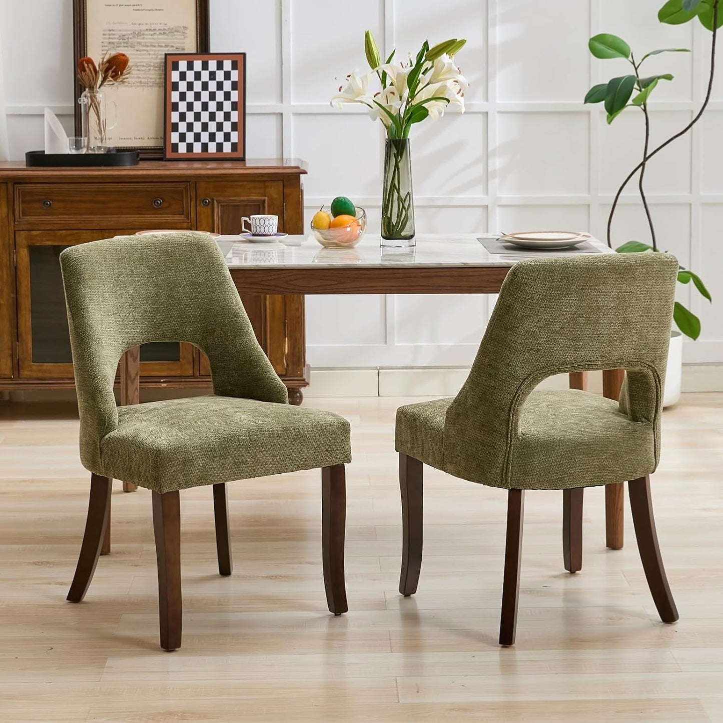 Wooden Dining Chairs Set of 2, Mid Century Modern Chenille Upholstered Dining Room Chair Kitchen Chairs, Farmhouse Dinner Chair with Solid Wood Legs for Kitchen Dining Room, Green