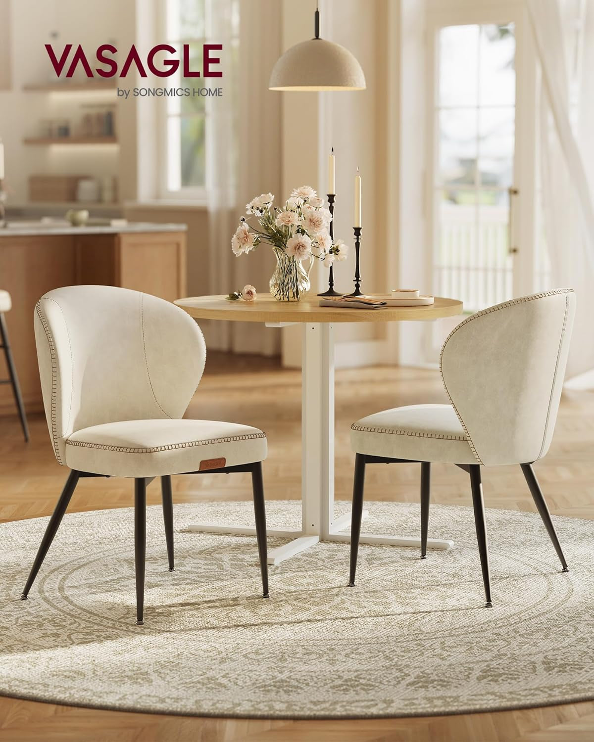 EKHO Collection - Dining Chairs Set of 2, Upholstered Kitchen Chairs, Comfortable Seat, Synthetic Leather with Stitching, Mid-Century Modern, Easy Assembly, Living Room Lounge, Cream White