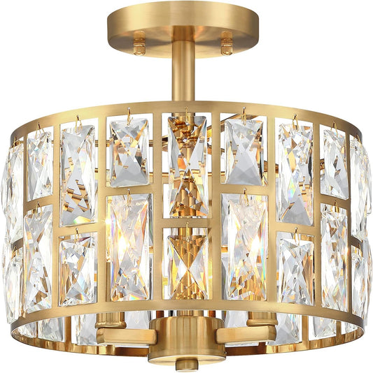 Gold Finish 3LT Crystal Semi Flush Mount Ceiling Light Fixture, Cylinder Drum Shade, Close to Ceiling, Perfect for Kitchen, Dining Room, Bedroom, Living Room, Entryway, Foyer