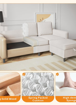 78-Inch L-Shaped Convertible Sectional Sofa with Storage Ottoman, Pet-Friendly Linen Fabric, Ideal for Small Spaces and Apartments