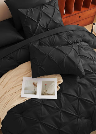 7-Piece Queen Comforter Set in Black - Premium Pintuck Bedding Set with Comforter, Sheets, Pillowcases, and Shams