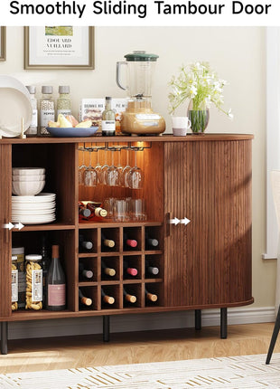 55-Inch Contemporary Wine Bar Cabinet with LED Lighting, Wine Rack, and Glass Holder - Farmhouse Buffet Sideboard for Living Room, Kitchen, and Entryway in Walnut Finish