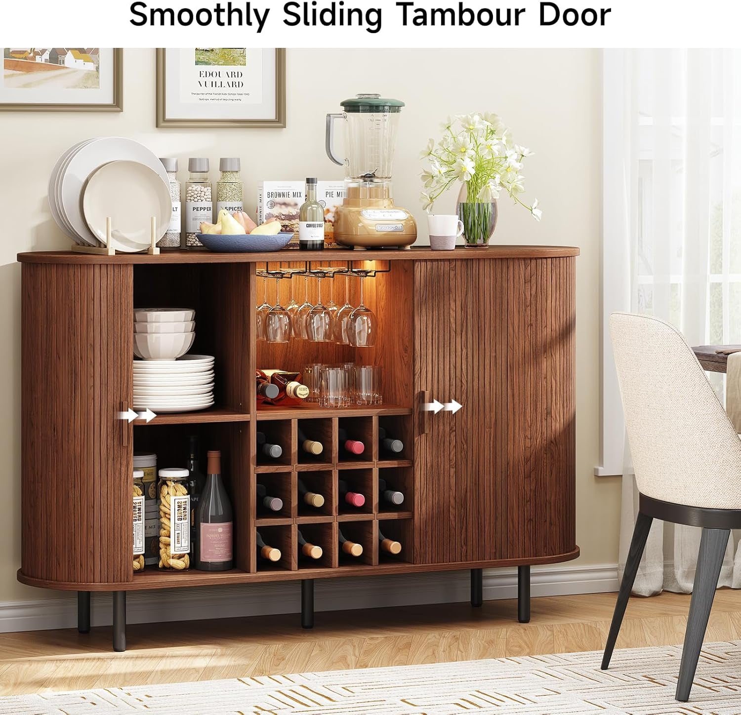 55" Wine Bar Cabinet with LED Light,Modern Liquor Whiskey Coffee Station with Wine Rack and Glass Holder, Farmhouse Buffet Sideboard with Storage for Living Room, Kitchen, Entryway (Walnut)