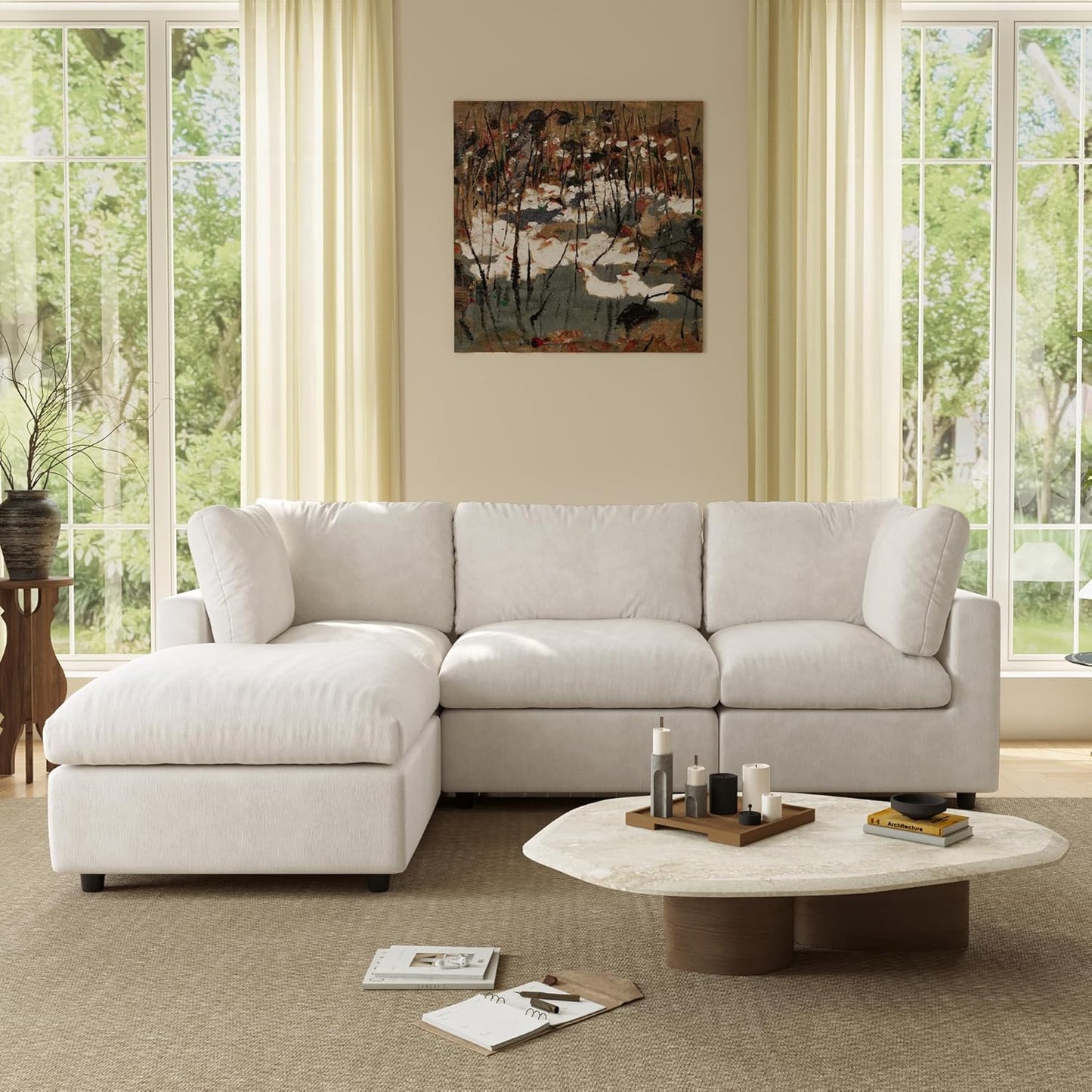 Modular Sectional Cloud Couch Modern L Shaped Sofa with Ottoman, 100 Inch 3-Seat Chenille Deep Seat Couches for Living Room, Bedroom and Apartment，Beige