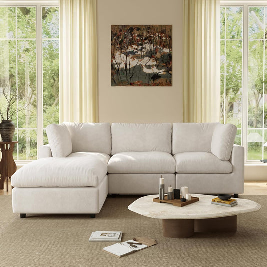 Modular Sectional Cloud Couch Modern L Shaped Sofa with Ottoman, 100 Inch 3-Seat Chenille Deep Seat Couches for Living Room, Bedroom and Apartment，Beige