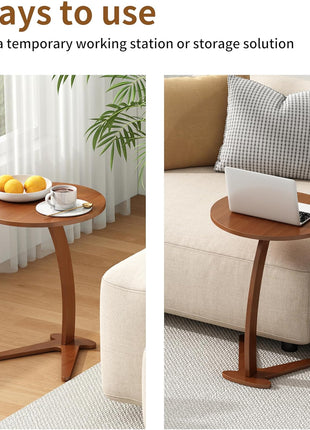 C-Shaped End Table - Compact Round Side Table for Living Room and Bedroom, Versatile Solid Wood TV Tray for Limited Spaces (15” Chestnut)