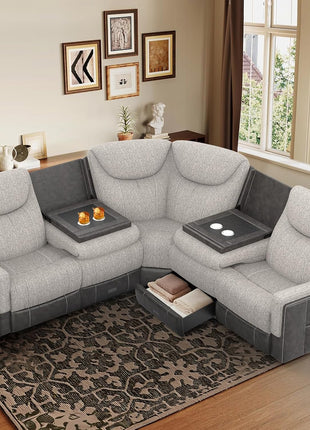 Elegant Manual Recliner Sectional Sofa with Flip Middle Backrest, USB Ports, and Cup Holders, Grey Linen & Chocolate Leather Finish, Accommodates Up to 5 Seats