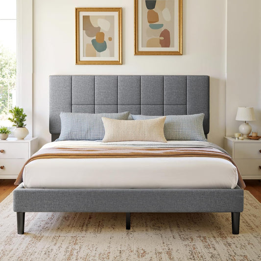 Queen Size Bed Frame - Upholstered, Adjustable Headboard,6"-12" Mattress Fit, 1300 Lbs Capacity, Sturdy 12-Leg Wood Construction, Easy Assembly, Dark Gray