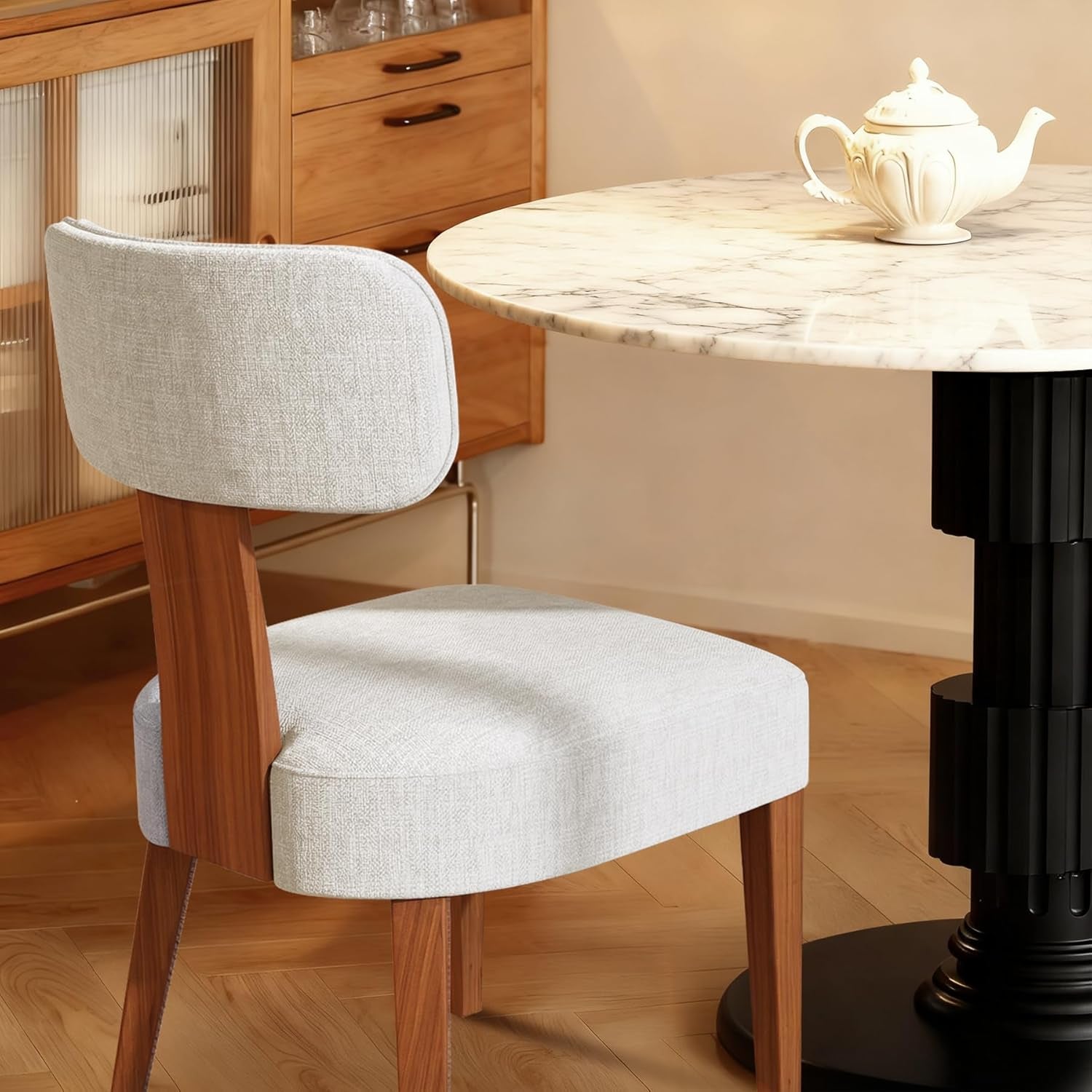 Mid Century Modern Dining Chairs Set of 4, Upholstered Dining Room Chairs with Curved Back, Linen Fabric Kitchen Chairs with Solid Wood Leg, Accent Chairs for Dining Room Kitchen, Linen Beige