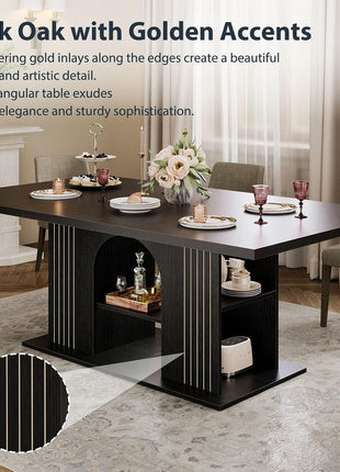 71-Inch Rectangular Black Oak Dining Table for Six with Storage, Durable Base, and Sophisticated Design for Contemporary Kitchens and Dining Areas