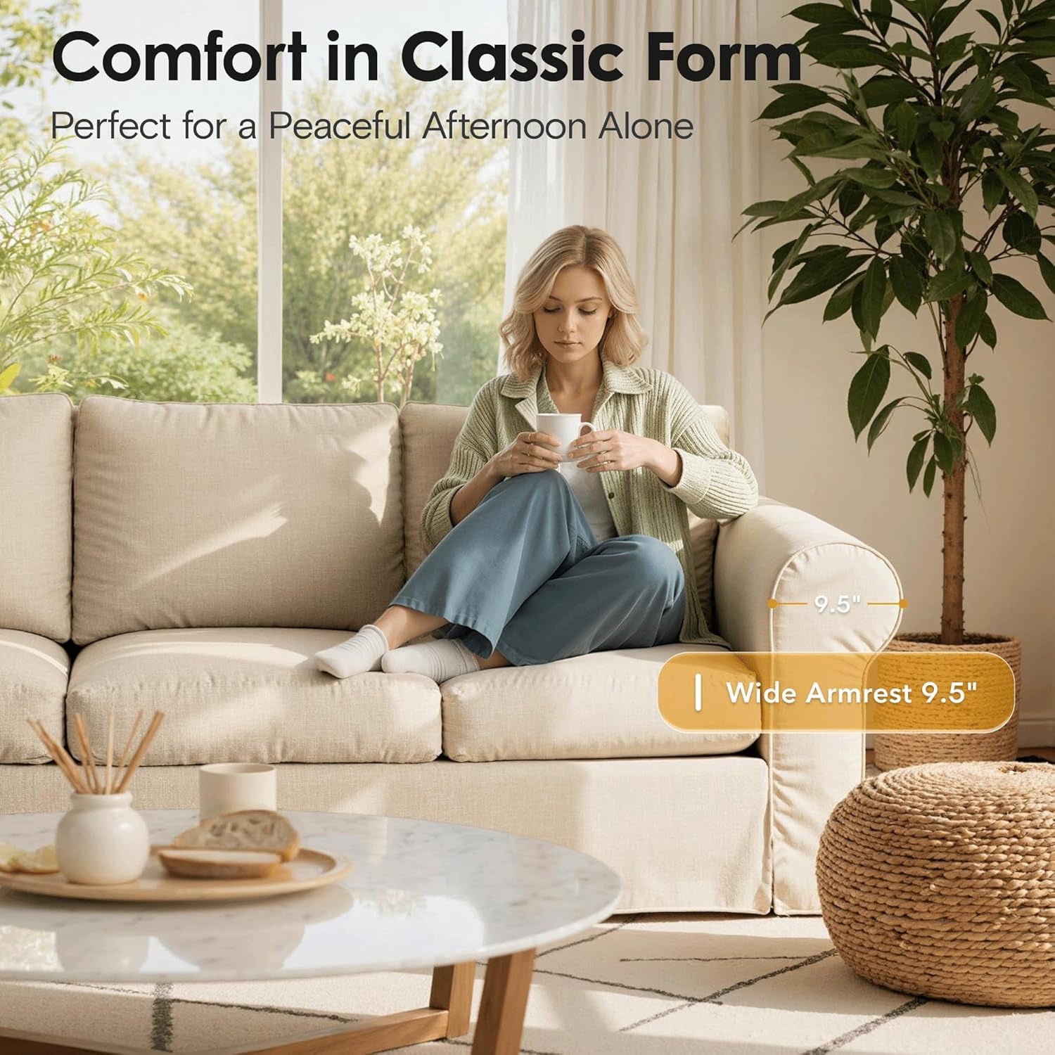 89" 3 Seater Sofa for Living Room, Deep Seated Comfy Couch with High Back Support, Removable Washable Linen Slipcover, Modern Farmhouse Style Rolled-Arm Beige Sofa