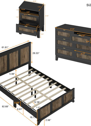 4-Piece Farmhouse Bedroom Furniture Set: Queen Size Platform Bed with Wooden Strip Accents, Two Storage Nightstands, and Dresser with Metal Handles in Black