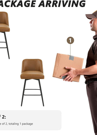 Set of 2 Contemporary Upholstered 360° Swivel Counter Height Bar Stools with High Backs, 26-Inch Seat Height, Faux Leather in Saddle Brown