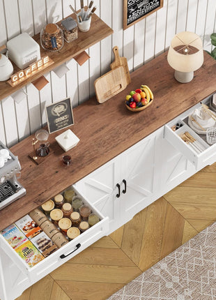 71” Large Farmhouse Sideboard Buffet Cabinet with Adjustable Shelves and 6 Barn Doors, Wood Console Table for Kitchen and Dining Room, White Finish