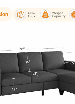 78-Inch Dark Grey Convertible L-Shaped Sectional Sofa with Storage Ottoman in Pet-Friendly Linen Fabric, Perfect for Small Spaces and Apartments