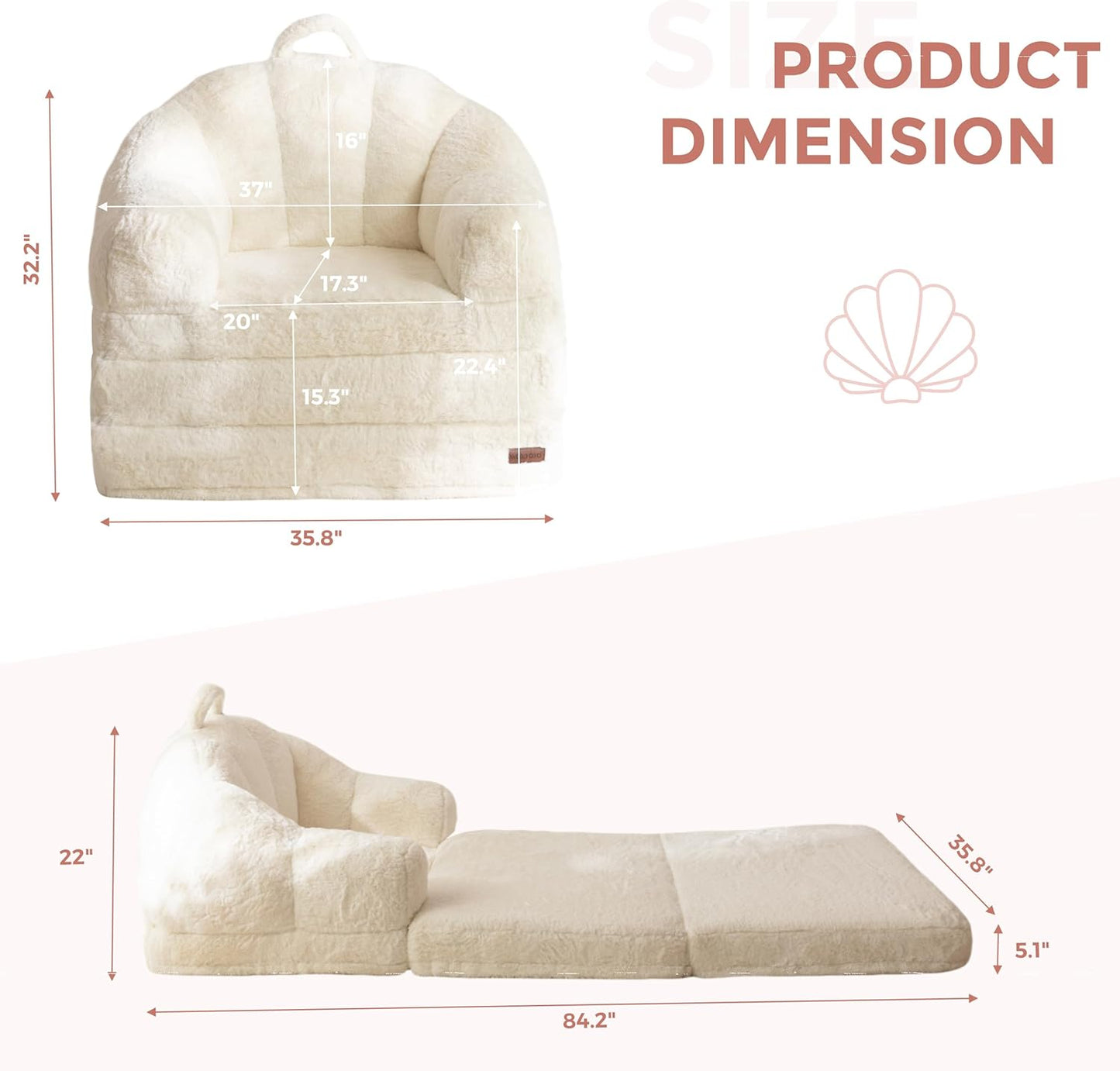 Folding Sofa Bed, 2 in 1 Convertible Sofa to Lounger Comfy Single Bean Bag Chair for Adults, Floor Sleeper Couch with Handle, Faux Fur Couch Bed for Living Room Bedroom, Beige