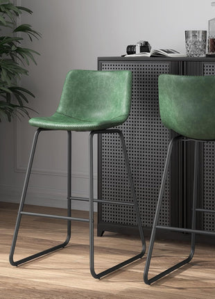 Set of 3 Contemporary 26-Inch Counter Height Bar Stools with Backrest, Faux Leather Upholstery, Metal Legs and Footrest, Perfect for Kitchen Islands (Green)