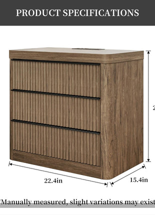 Set of 2 Fluted Nightstands with Charging Station, 3-Drawer Storage End Tables in Grey Alder for Bedroom and Living Room