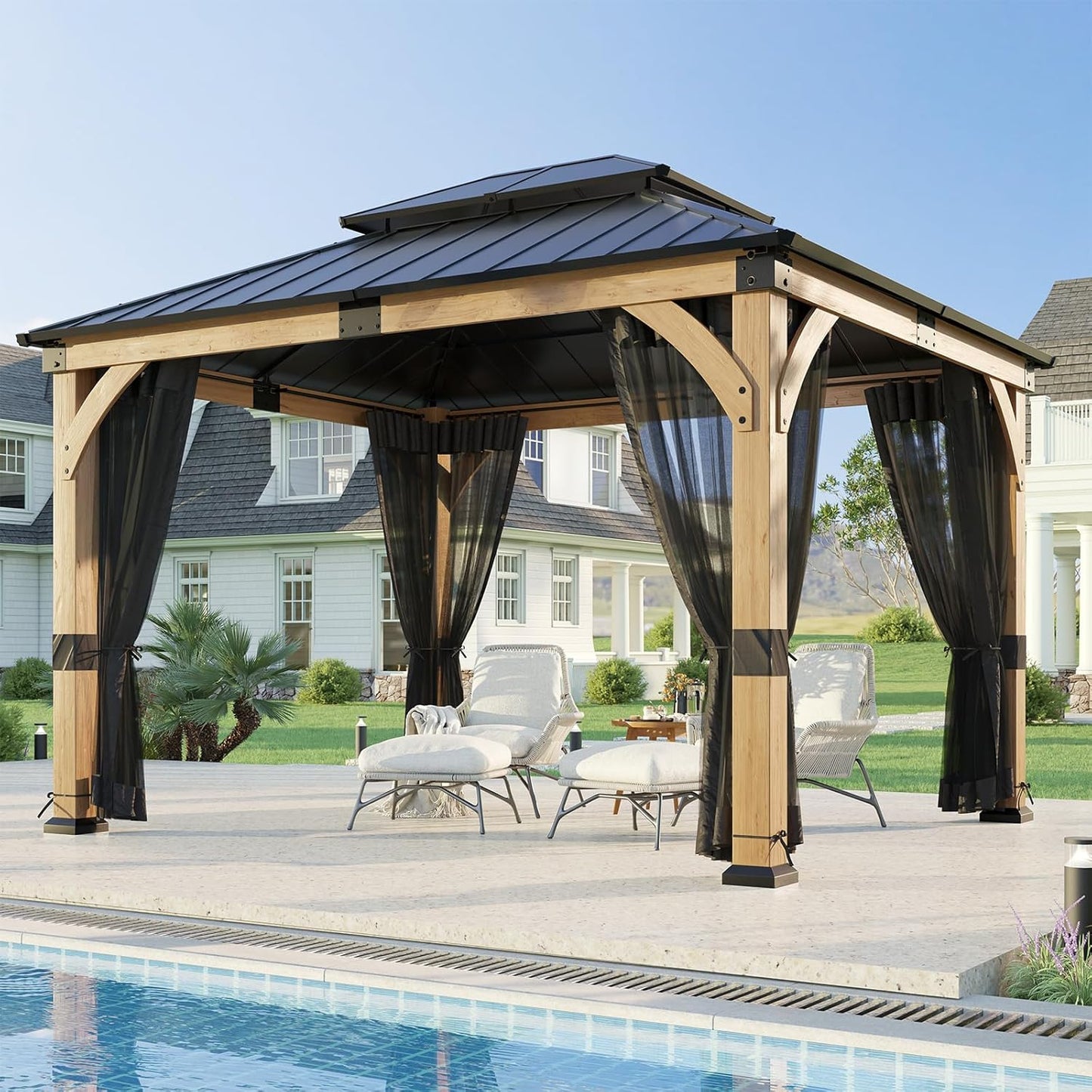 10X12 Ft Cedar Wood Gazebo with Translucent Roof, Hardtop Gazebo with Galvanized Steel Double Roof and Mosquito Netting, Heavy Duty Pavilion for Patio Lawn and Garden