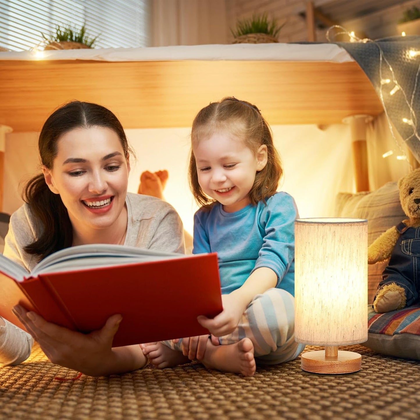 Small Table Lamp for Bedroom - Inline Control, Bedside Lamp with 3000K A15 LED Blub, Easy Assembly (Cream Shade - Wood Base, 9" Inline Control)