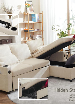 Beige 2-in-1 Pull-Out Sofa Bed with Storage, USB Ports, and Cup Holders – Stylish Sectional Ideal for Apartment Living