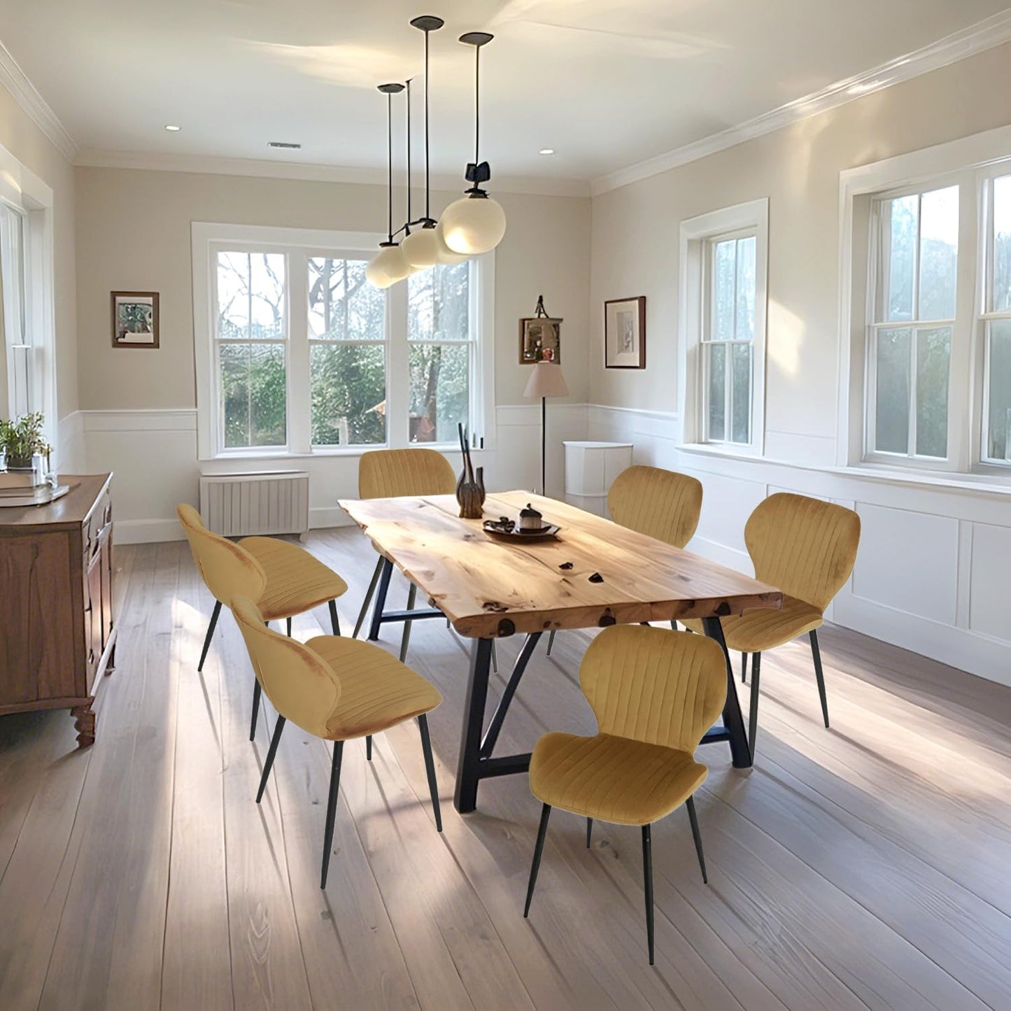 Modern Velvet Dining Chairs Set of 4, Modern Kitchen Chairs Comfortable Upholstered Armless Accent Dining Room Chairs with Metal Legs for Kitchen, Living Room, Yellowish Brown