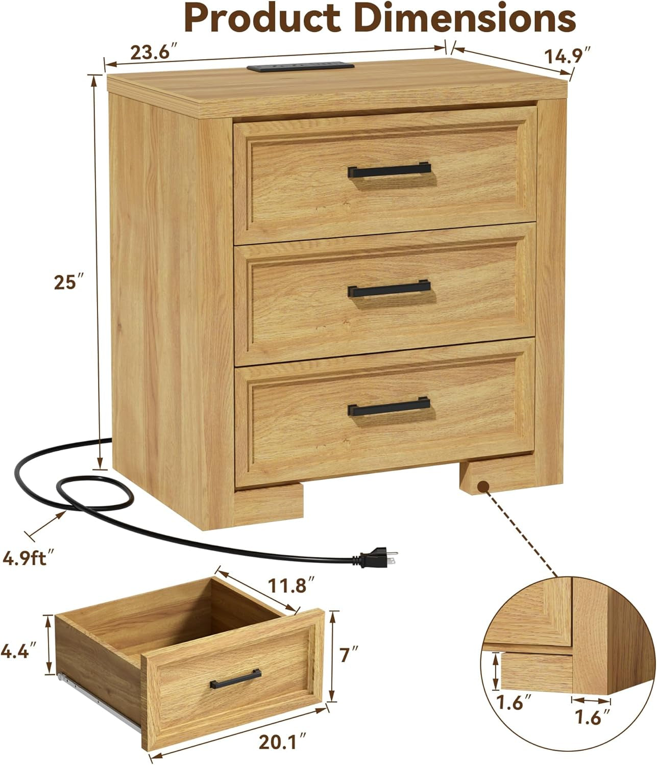 24" Wide Nightstand Set of 2, Night Stand with Charger Station, Bedside Table with 3 Drawers, Sofa Side Table for Bedroom, Living Room, Entryway, Natural Oak