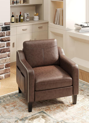 Mid-Century Modern Set of 2 PU Leather Accent Chairs with Removable Cushions and Stitched Armrests in Chocolate Brown