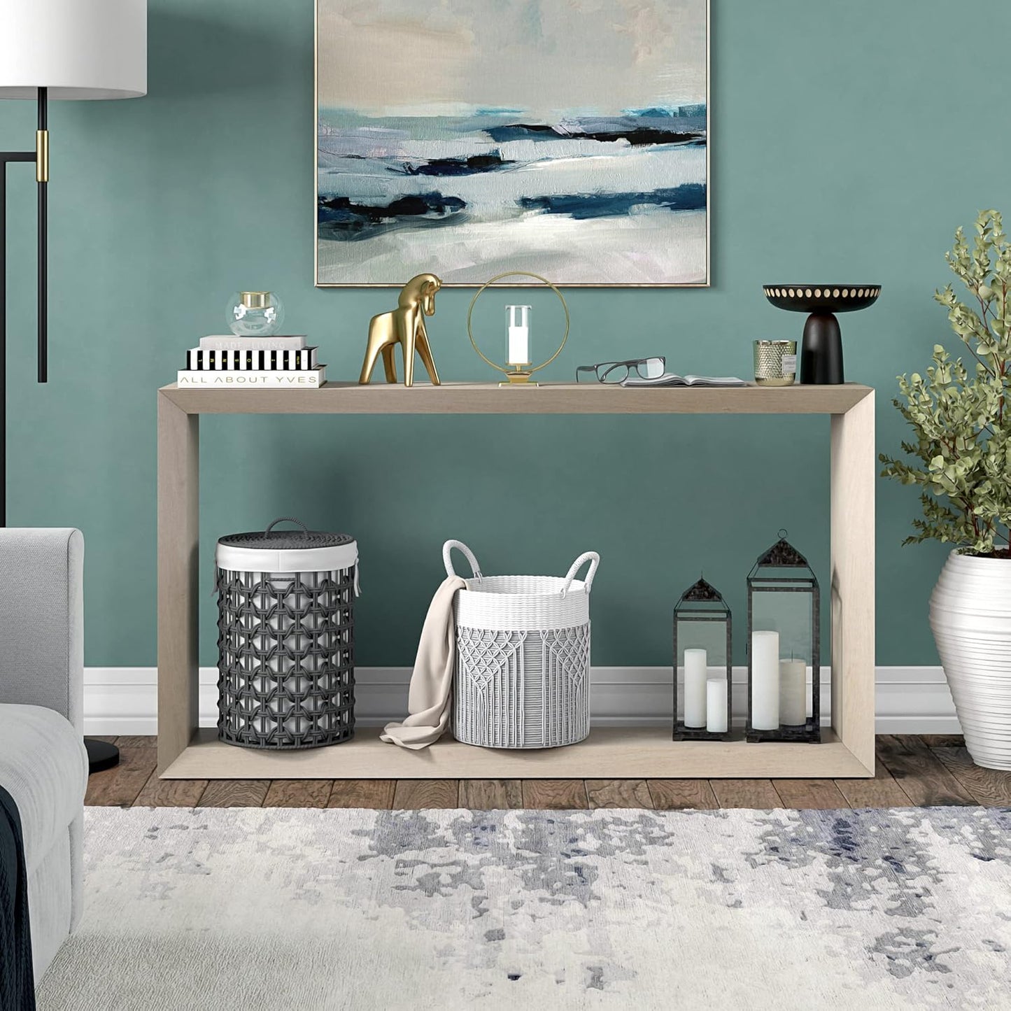 55" Rectangular Console Table Entryway Table, Sofa Table with Shelf for Entryway, Living Room, Couch, Hallway, or Office, Alder White