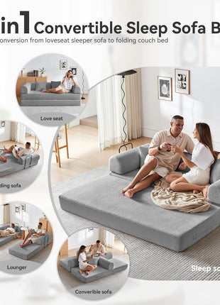 Convertible Sleeper Sofa Bed with Pillow - Corduroy Fabric, High-Density Sponge, Fixed-Shape Frame, Modular Design for Living Room, Lounge, Studio (Light Grey)