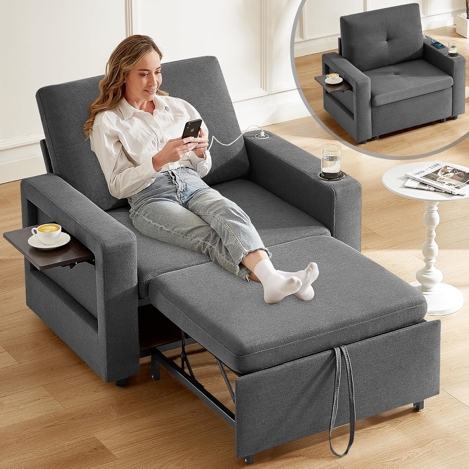 42.5" Sleeper Chair Bed, 3-In-1 Oversized Convertible Sleeper Sofa Chair with Pull Out Bed, Reclining Adjustable Backrest/Usb Ports/Table/Cup Holder, Tool-Free Assembly, Premium Dark Gray