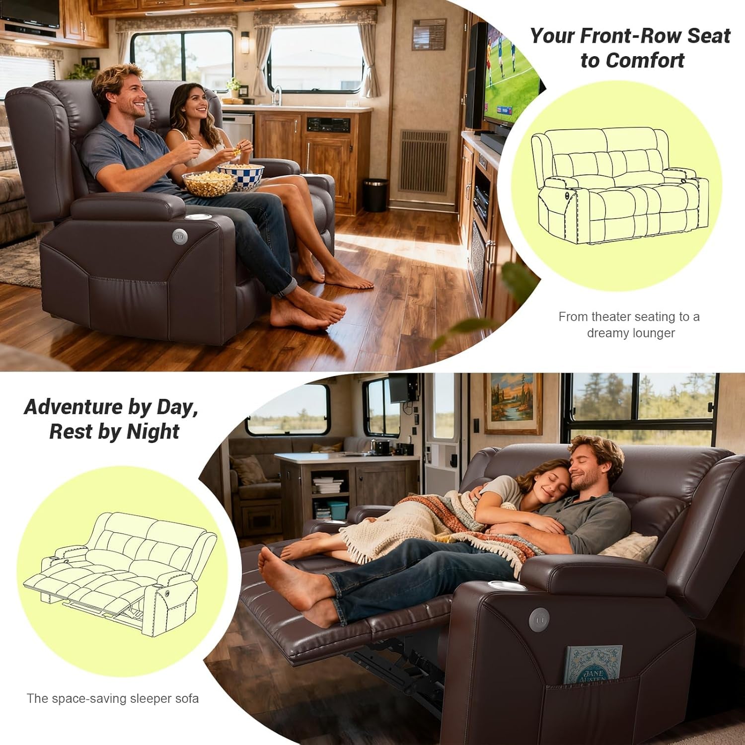RV Loveseat Recliner Sofa, Reclining Loveseat Home Theater Seating with USB Ports, Cup Holders, Insert Pockets, Wall Hugger RV Recliners for Movie Room, Recline Movie Seats Gaming Sofa, Brown