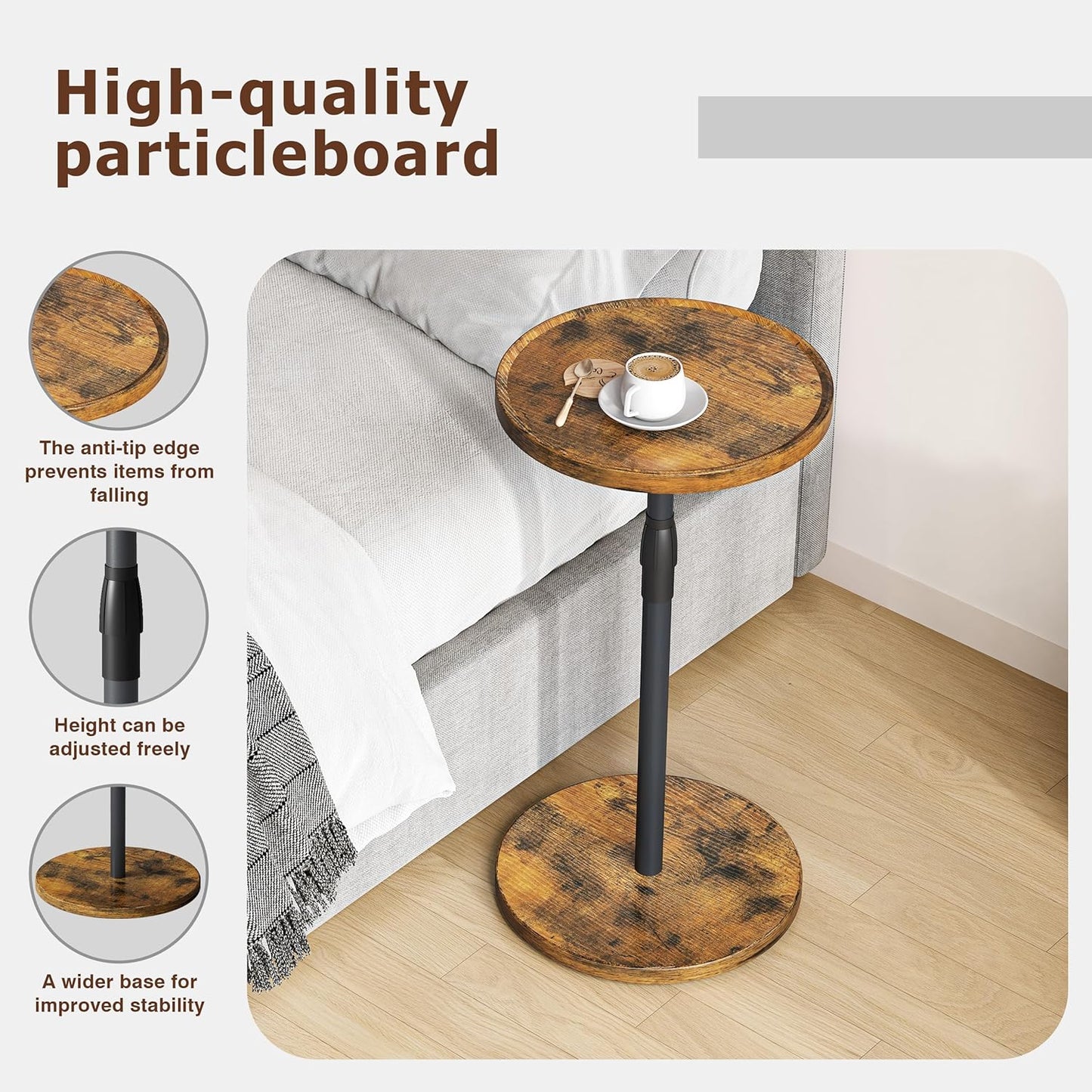 Adjustable End Table, Small round Side Table, Drink Table for Small Spaces, Pedestal Nightstand for Living Room, Bedroom, Sofa Couch, Rustic Brown ET-010RB